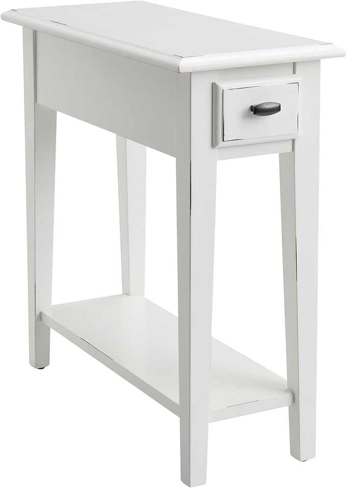 Haven Ridge Narrow End Table, Solid Wood Side Table with Drawer and Shelf, Farmhouse White, Perfect for Living Rooms, Bedrooms, and Small Spaces – Leick Home, 214361
