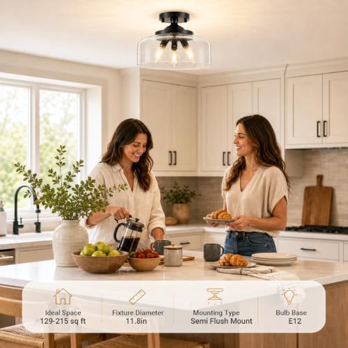 Black Semi Flush Mount Ceiling Light, 3-Light Ceiling Light - Image 3