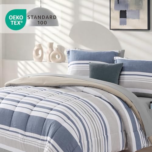 Monbix Twin XL Comforter Set-5 Piece Striped Bed in a Bag Twin Bedding Sets - Image 4