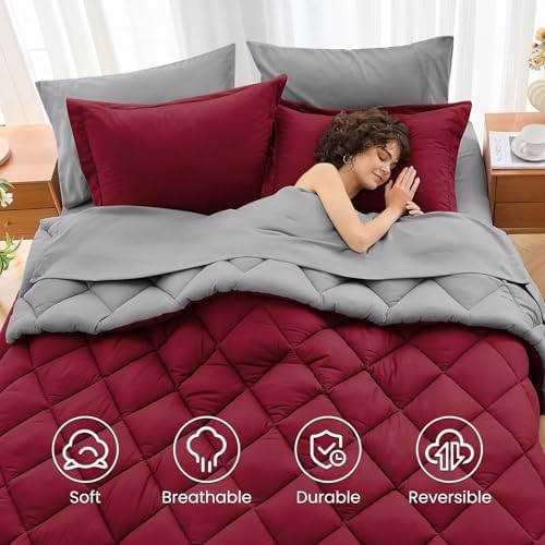 MUXHOMO King Comforter Set 7 Pieces, Reversible Bed in a Bag, Burgundy/Grey - Image 6