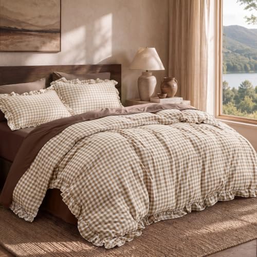Bedsure Brown Gingham Ruffle Duvet Cover Set, Cotton-Like Quilt Cover - Image 2