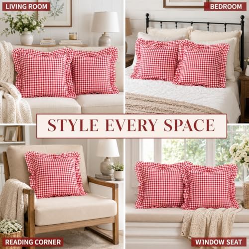 JoraLion Ruffled Throw Pillow Cover 24x24 Gingham Red - Image 3