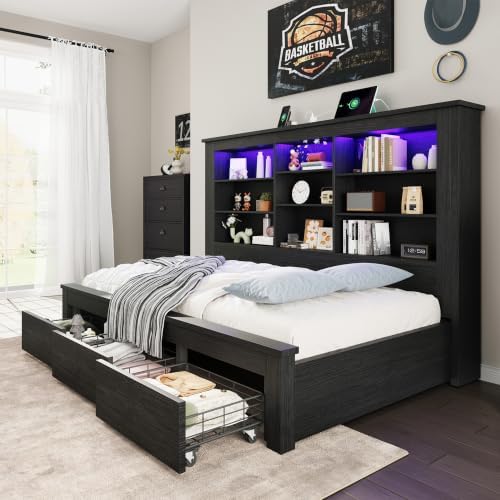 Jocisland Twin Bed Frame Bookcase Headboard USB/LED Lights&3 Drawers by Jocisland