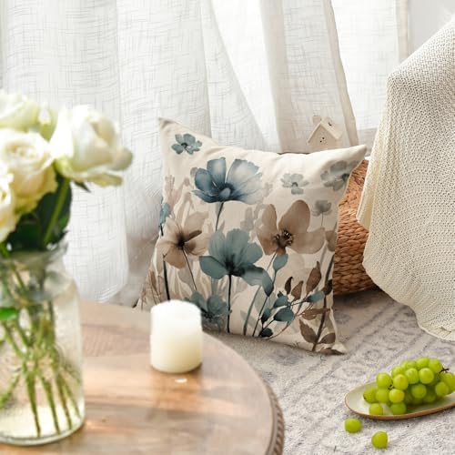 AVOIN colorlife Poppy Flowers Blue Brown Pillow Covers 18x18 Inch Set of 2 - Image 3