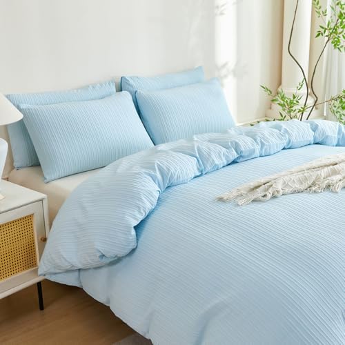 Striped Comforter King Set Light Blue Soft Washed Microfiber Jacquard 3 Pieces - Image 4
