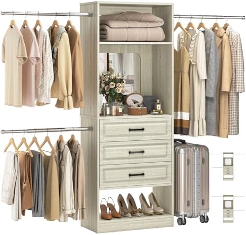 Unikito 8FT Closet System with Mirror, 3 Telescopic Hanging Rods, 3 Drawers by Unikito