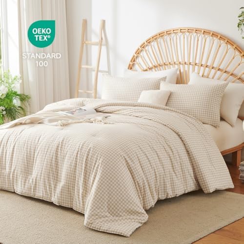 Gingham Comforter Set Twin Size Beige Bedding Set and 1 Pillowcase - Image 3