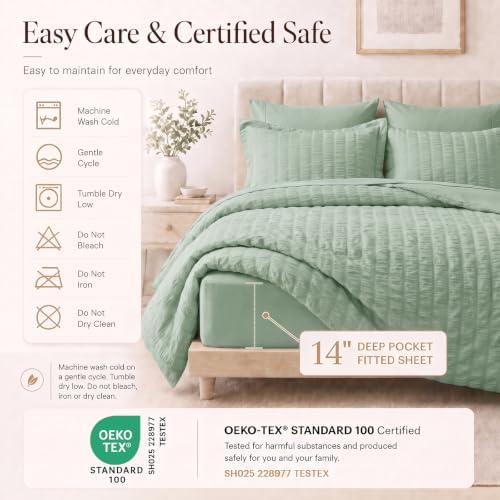 CozyLux California King Comforter Set, Sage Green Seersucker Bed in a Bag - Image 5