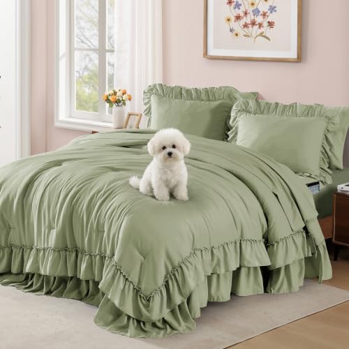 Queen Comforter Set Light Green Ruffle 7 Pieces Farmhouse Bed in a Bag by AMBERSPACE