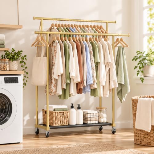 Double Rod Clothing Rack on Wheels, Holds 150 Garments - Image 3