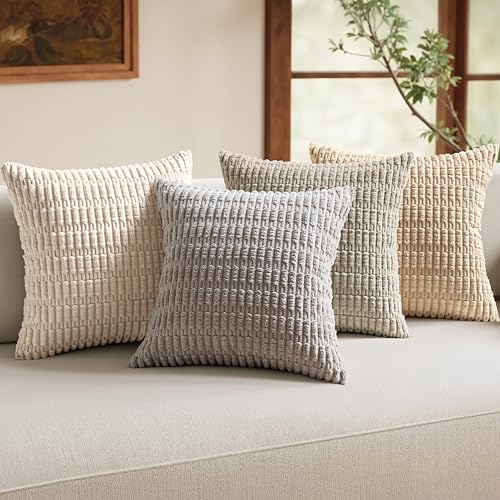 MIULEE Pack of 4 Corduroy Throw Pillow Covers 18x18 Inch Beige and Brown by MIULEE