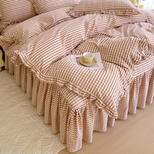 LifeTB Pink Gingham Comforter Set Full Ruffle Pink Plaid Comforter Set 3 Pieces - Image 4