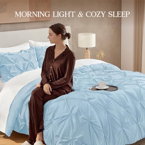 Andency California King Pinch Pleat Light Blue 3 Piece Comforter Set - Image 4