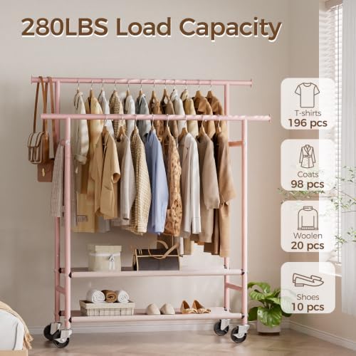 HYSEYY Clothes Rack, Double Rods Rolling Clothing Rack - Image 2