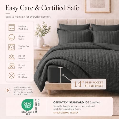 CozyLux King Size Comforter Set, 7 Pieces Dark Grey Seersucker Bed in a Bag - Image 5
