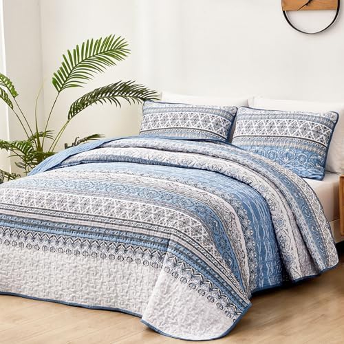 WONGS BEDDING Boho Queen Quilt Bedding Set, 3 Pieces Bedspread, Light Blue - Image 2