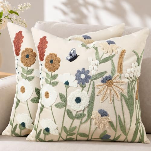 Embroidered Throw Pillow Covers 18x18, Cottage Flower by MuseHaus