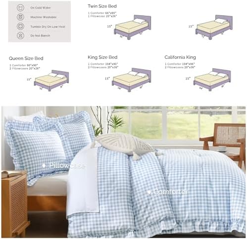 Andency Blue Gingham Ruffle Comforter Queen, 3 Pieces Vintage Bedding - Image 4