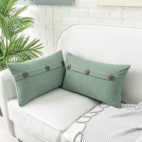 HWY 50 Sage Green Chenille Throw Pillow Covers 12x20 Inch Buttons Pack of 2 - Image 3