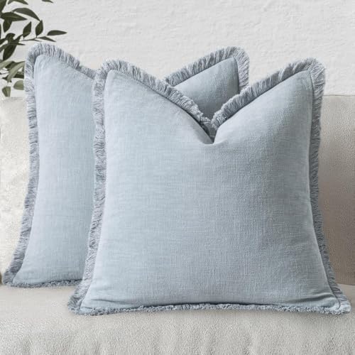 MIULEE Linen Fringe Decorative Euro Throw Pillow Covers Sky Blue 22x22 by MIULEE