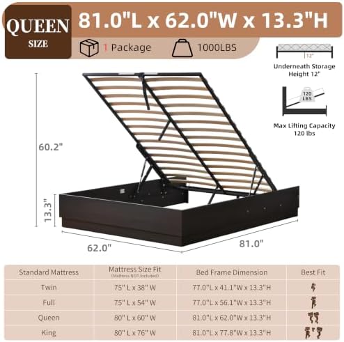 Queen Wood Platform Bed with Lift Up Storage, No Headboard - Image 3