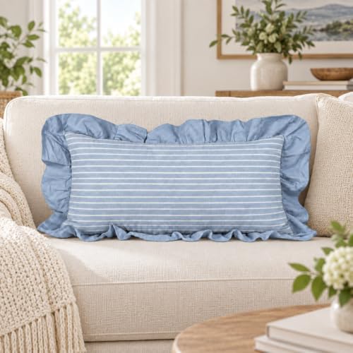 JoraLion Ruffled Lumbar Pillow Cover 14x26 Striped Light Blue by JoraLion