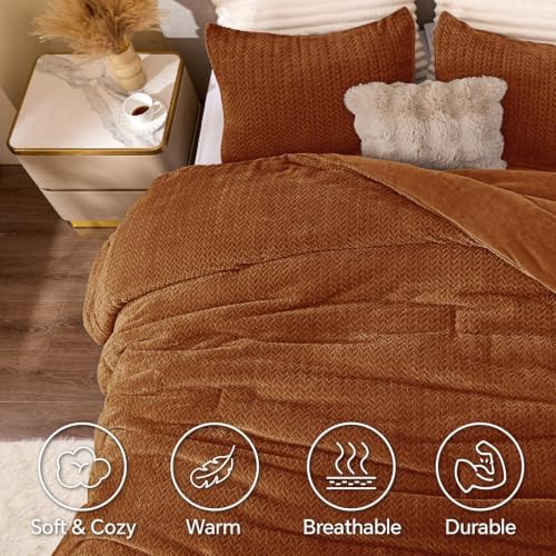 ChiXpace Fleece Twin Size Comforter Set Terracotta, Fluffy Bed Set 2 Pieces - Image 3