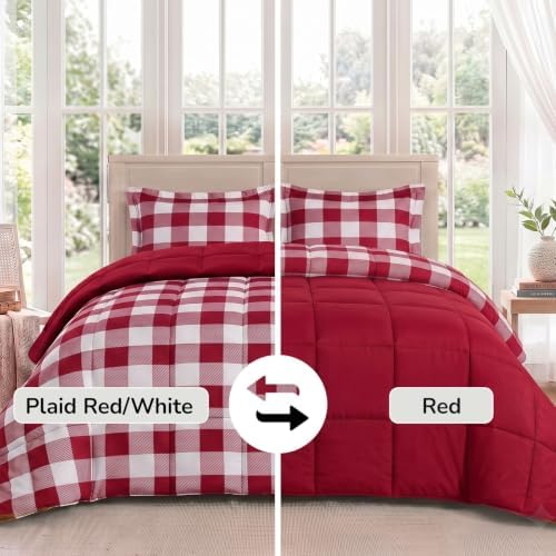 downluxe Queen Comforter Set Soft Reversible 3 Pieces, Plaid Red/White - Image 2