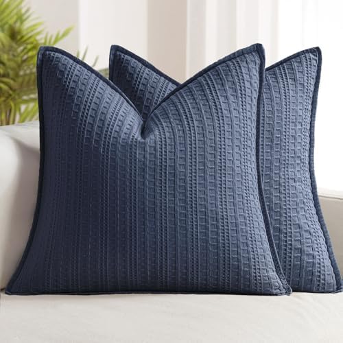 Decorative Waffle Euro Sham Pillow Covers 24x24 Navy Blue 2 Pack by Woaboy