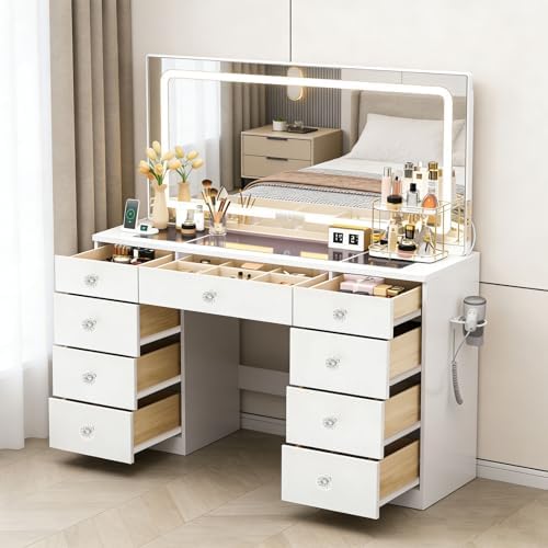 46 INCH Vanity Desk, Glass Top Makeup Vanity by DalyLuxa