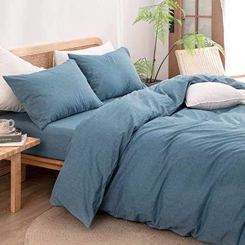 BESTOUCH Cotton Solid Duvet Cover Set Linen Feel Dark Blue Queen - Image 2