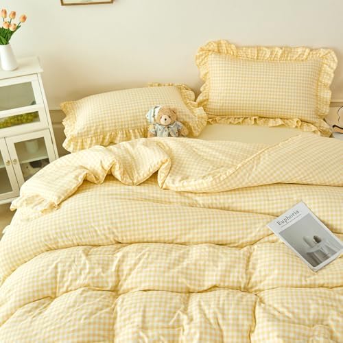 5 Pcs Gingham Bedding Set Queen Yellow Ruffle Comforter Sets - Image 2