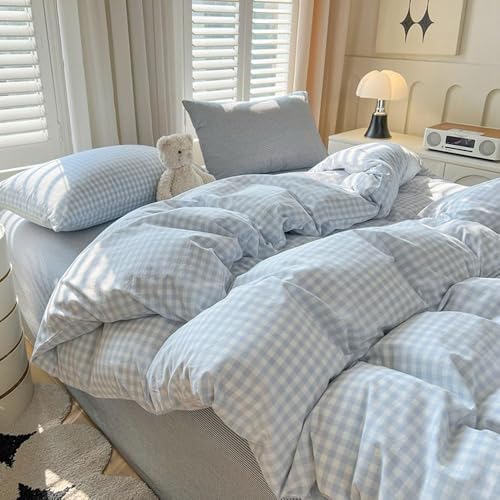 Nayoroom Blue Gingham Comforter Set Queen Plaid Boys Dorm Bedding Set by Nayoroom