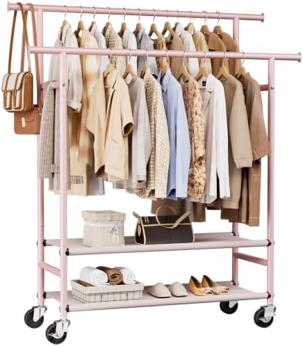 HYSEYY Clothes Rack, Double Rods Rolling Clothing Rack by HYSEYY