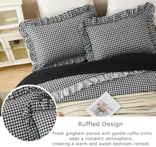 Gingham King Comforter Set 5 Pieces Black Ruffled Bedding Sets - Image 4