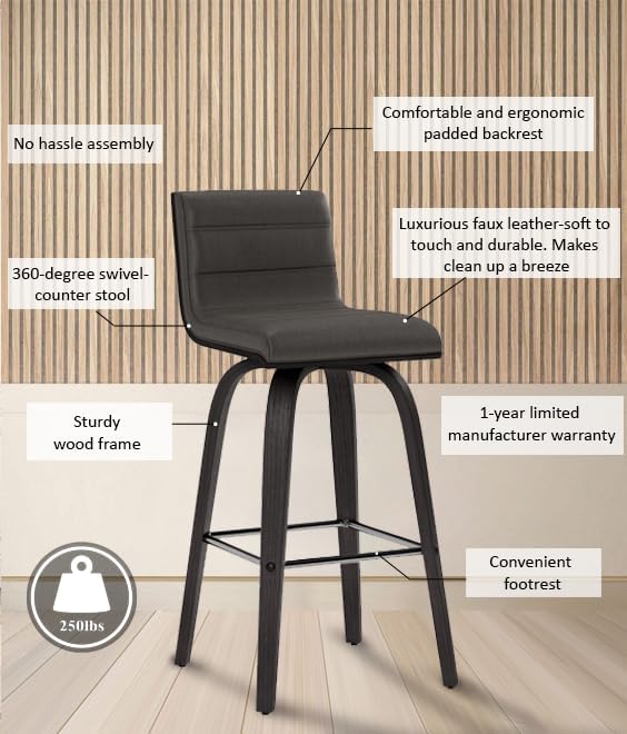 Armen Living Vienna 26" Swivel Counter Stool in Black Wood Finish with Gray Faux Leather - Set of 4