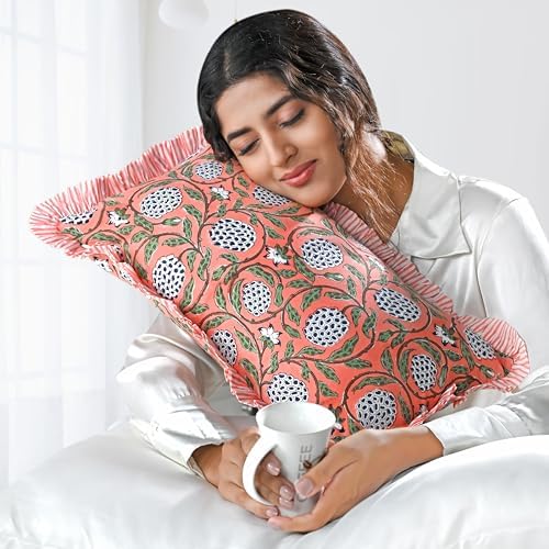 Ridhi Dark Salmon Pink Block Print Ruffle Pillow Sham 20x12 Inch Set of 1 by Ridhi