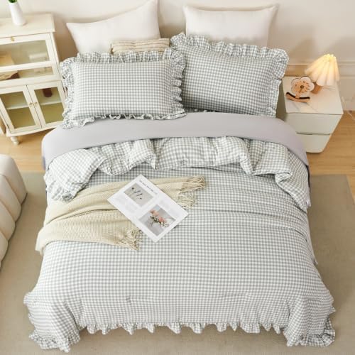 5 Pcs Gray Gingham Comforter Sets Full Size Ruffle Bed in a Bag - Image 3