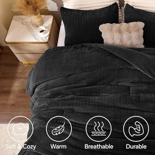 ChiXpace Fleece Twin Size Comforter Set Black, Fluffy Bed Set 2 Pieces - Image 3