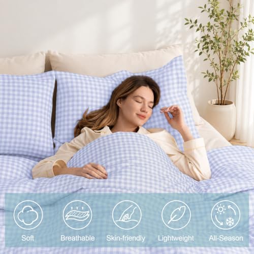 Twin XL Comforter Set, Fluffy Blue Gingham Plaid Bedding, 3 Pieces - Image 2