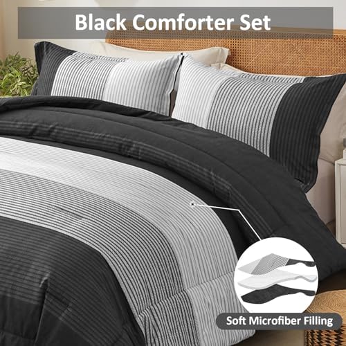 WONGS BEDDING Black Comforter Set Full, Reversible Black Grey Stripe Down - Image 4