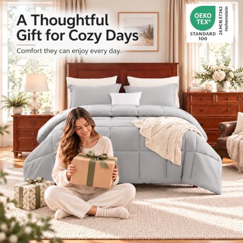 CozyLux Full Size Comforter Sets, 3-Piece Box-Stitched, French Grey - Image 4