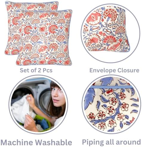 Ridhi Flamingo Pink Block Print Cotton Pillow Cover 24x24 Inch Set of 2 - Image 3