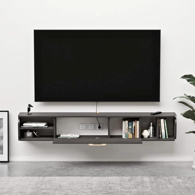 Floating TV Unit, 58'' Wall Mounted TV Cabinet, Floating Shelves with 4 Cabinets, Wooden Entertainment Media Console Center Large Storage TV Bench for Living Room & Office (58IN, Dark Grey)