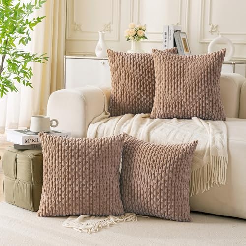 Set of 4 Light Brown Decorative Throw Pillow Covers 26x26 Inch Corduroy Pillow by Cozoomy