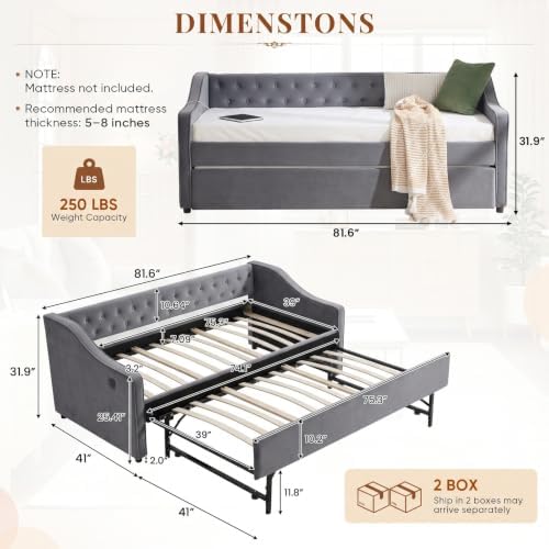 Daybed with Trundle Bed Twin, Upholstered Day Beds Frame - Image 2