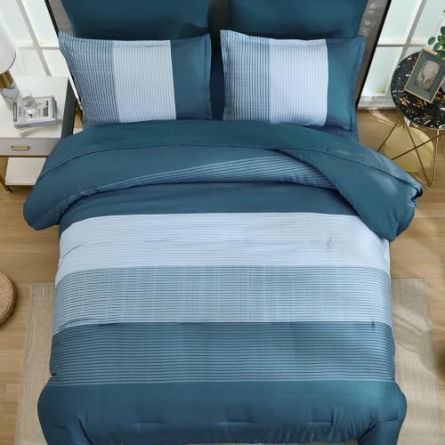 Blue Striped Comforter Set Queen, 7 Piece Boho Patchwork Bed in a Bag - Image 3