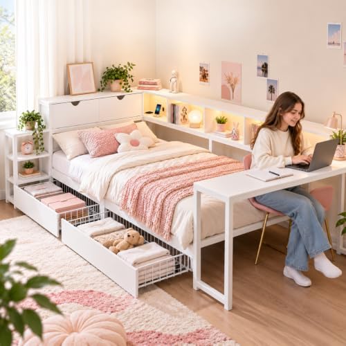 Twin Corner Bed with Desk and Storage, LED Corner Bed Frame Twin by MoproBeti