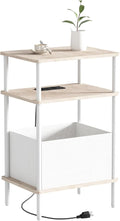 Small Side Table with Charging Station, End Table for Small Spaces, Slim Nightstand with Outlet,Sofa Beside Table, 3-Tier Storage Shelf,Living Room, Bed Room, Natrual Oak