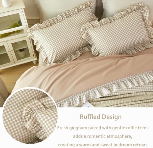 5Pcs King Gingham Comforter Sets Tan Ruffle Checkered Bedding - Image 4